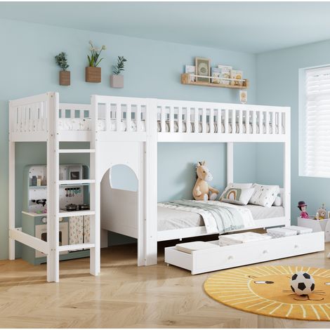 Letto a castello bambini 90x200 cm con rete a doghe, bianco e naturale, materasso non incluso (1/5)