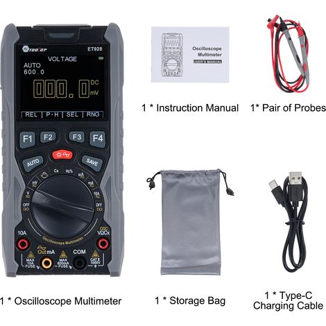 Oscilloscope, multimètre et générateur de signaux 3 en 1 : comptage 6 000 digits, mesure de courant, tension, capacité, résistance, fréquence, diodes, marche/arrêt, stockage de données, amplitude et r (1/5)