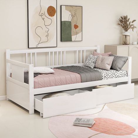 Lit gigogne 90x200cm, lit simple avec 2 tiroirs, sommier à lattes, canapé lit enfant, bois massif, scandinave, blanc (1/5)