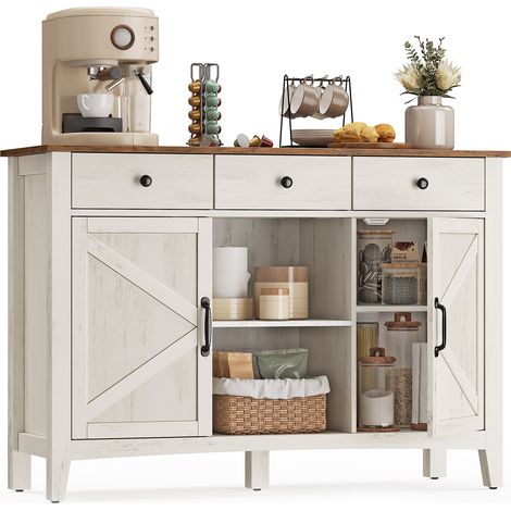 Vasagle – Buffet de cuisine blanc rustique et marron miel – 3 tiroirs spacieux – Étagère réglable sur 5 hauteurs – Style campagne pour salon et salle à manger