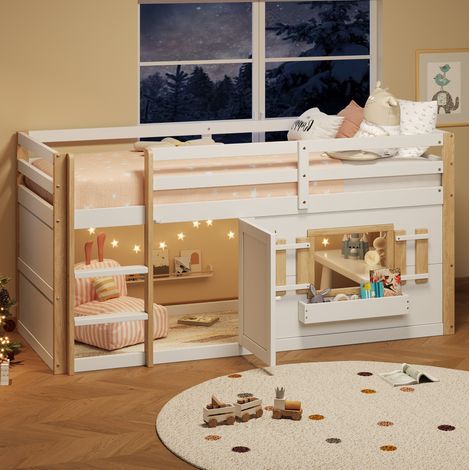 Lit mezzanine 90x200 cm avec échelle et espace de jeu, en bois, blanc, sans matelas (1/5)