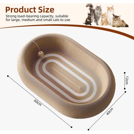 Lit pour chat ovale en carton griffoir avec balle jouet intégré et base antidérapante pour le repos et le griffage