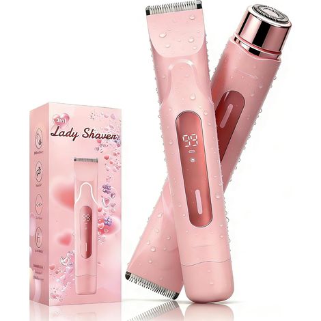 2 in 1 Rasoir Electrique Femme, Tondeuse Femme Intime, Rasoir Femm'e Electrique Sans Fil, étanche IPX7 Epilateur Rasoir Écran LED, pour le visage, les aisselles, les jambes (rose) (1/5)