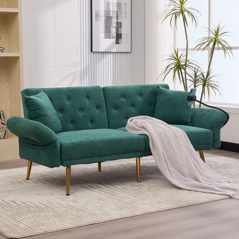Divano letto 2-3 posti, 173x78x78 cm, con schienale regolabile, due porte USB, gambe in metallo, ciniglia, verde (1/5)