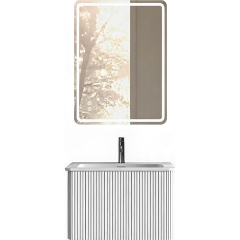 Mobile bagno sospeso con lavabo e specchio LED senza cornice, bianco, 60 cm, preassemblato (1/4)
