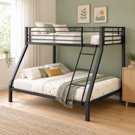 Lit superposé en métal 90 x 200 / 140 x 200 cm avec échelle de sécurité, sommier à lattes et garde-corps, noir HAVRYA (1/5)