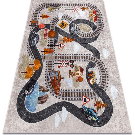 Tappeto lavabile JUNIOR 51986.803 Rotaie, locomotiva per bambini antiscivolo - grigio multicolour 160x220 cm