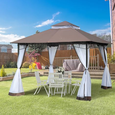 Cenador de jardín de 3x3 m con mosquitera, techo de dos niveles y estructura metálica marrón.