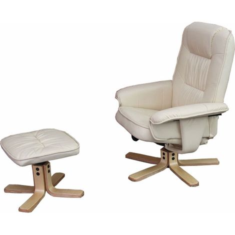 HHG – Fauteuil relax avec pouf en simili-cuir crème – Dossier inclinable et siège pivotant 360° – Dimensions 80x70x100cm