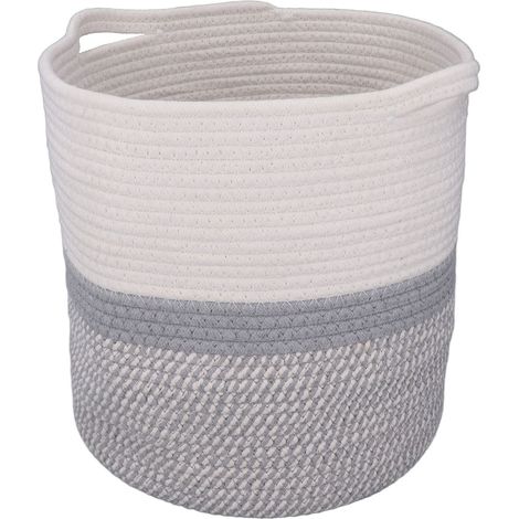 Woven Laundry Basket Cotton Rope Multifunctional Clothes Storage Hamper with Handles Household Decor 30cm Round White and Mixed Gray (1/5)