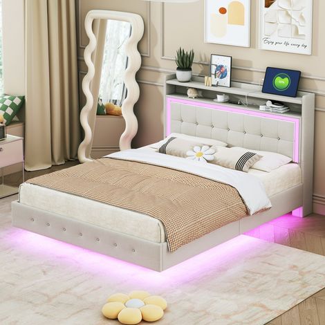 Polsterbett 140/200 cm beige aus Leinenstoff mit USB-Steckdose und LED-Beleuchtung (1/5)
