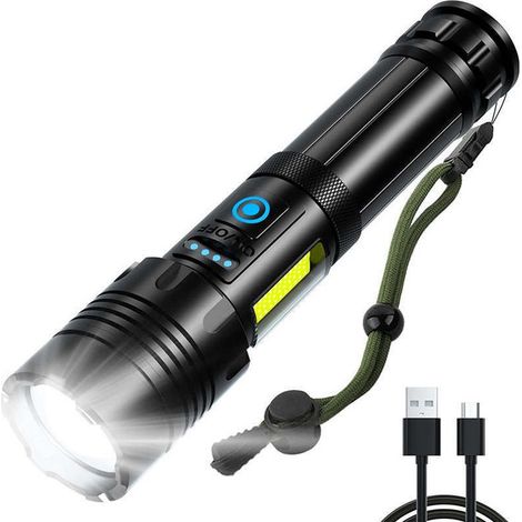 Lampe torche LED ultra-puissante - 500 000 lumens, rechargeable, étanche, avec 7 modes d'éclairage et ampoule COB, (1/5)