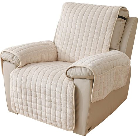 Housse de fauteuil inclinable avec poches en peluche, antidérapante, super douce et lavable, housse de protection de meubles pour enfants et animaux domestiques (beige avec poches, 53 x 190 (1/5)