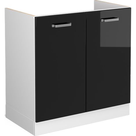 Base per lavello R-Line, Nero lucido, 80 cm con ante, senza piano di lavoro, Vicco