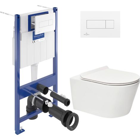 Pack WC Bâti-support Villeroy & Boch + WC sans bride SAT + Abattant ultra-fin softclose + Plaque blanche (ViConnectBrevis-2)