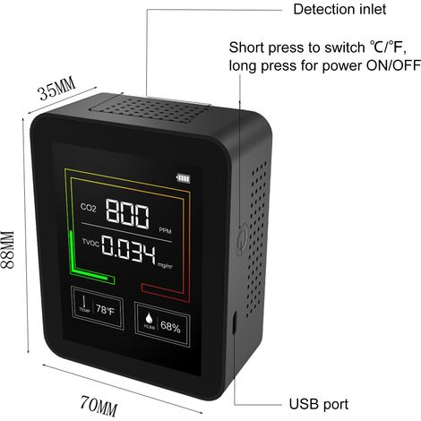 Monitor de dióxido de carbono, temperatura y humedad, analizador de calidad del aire, detector digital de CO2/TVOC, kit de prueba preciso para el hogar y la oficina, datos en tiempo real.