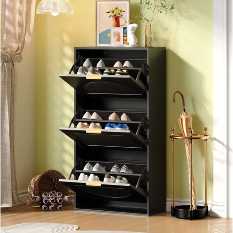 MEUBLIV Meuble à chaussures noir 60x24x114 cm – 3 abattants, gain de place (1/5)