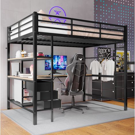cama alta con escritorio LED y cajones negra OKMYHOME (1/5)