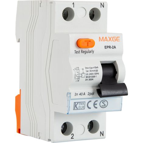 Interrupteur Différentiel Résidentiel Haute Immunité 2P-30mA 25-63A-Class A-10kA Industriel/Tertiaire MAXGE  40 A