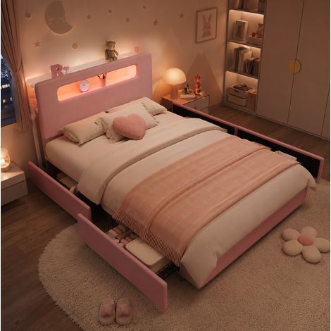 Letto 140x200 cm velluto rosa, 4 cassetti, LED e contenitore, senza materasso - CHICFURN (1/5)