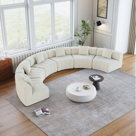 Sofá modular curvado de chenilla beige, 2 cojines, composición semicircular HAVRYA (1/5)