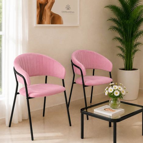 Sillas de comedor Aurelia de terciopelo rosa (juego de 2) con patas negras (1/5)