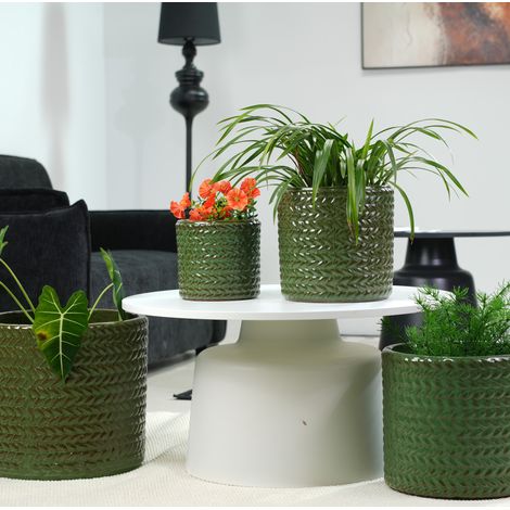 Lot de 4 pots de fleurs en céramique Ø37/31/24,5/17,5 cm, vert olive brillant, pour balcon – MEUBLIV (1/5)