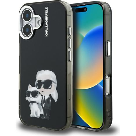 Custodia per iPhone 16 Karl Lagerfeld IML Aquarelle Karl & Choupette & Logo nera (1/5)