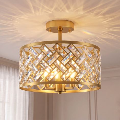 Plafonnier - lustre plafonnier - HOMCOM - moderne rond abat-jour 3 ampoules E14 - métal cristal - Ø 39 x 34 cm - doré (1/5)