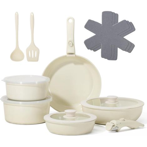 16-teiliges Antihaft Topfset mit abnehmbarem Griff, Beige