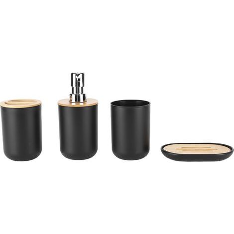 4-teiliges Badezimmer-Accessoire-Set aus Bambus, wasserdicht und langlebig, inklusive Zahnbürstenbecher für Zuhause und Hotel, Schwarz (1/5)