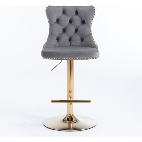 Tabourets de bar pivotants en velours, hauteur réglable de 63,5 à 84 cm, dossier capitonné et garniture cloutée dorée, piètement doré, gris, DE1912GY (1/5)