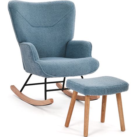 GOEURVANT - Ergonomic Rocking Chair with Footstool - Blue - Teddy Fabric - High Backrest & Silent Rocking Function (1/5)