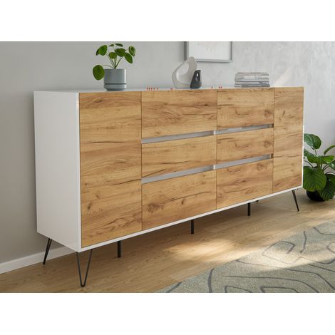 Sideboard Yako XL 200cm 6 SoftClose 2 Türen Weiß/Eiche Front