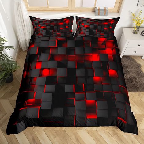 Parure de lit moderne avec housse de couette à motif géométrique clair pour enfants, garçons et filles – Rouge et noir – Très grand lit (1/5)