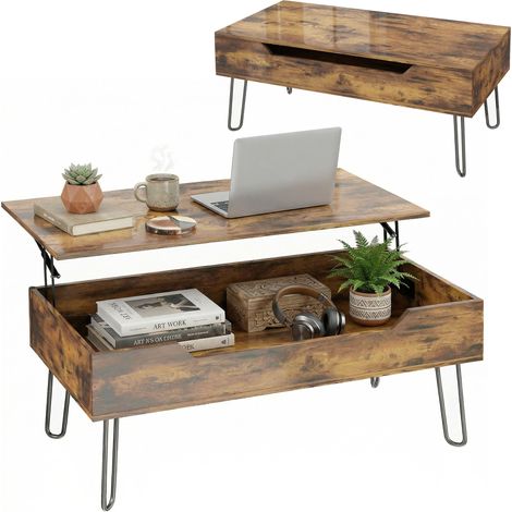 Table Basse Rectangulaire en Bois avec Grand Rangement Caché, Hauteur Réglable, 95 x 50 x 40 cm, Marron Rustique (1/5)