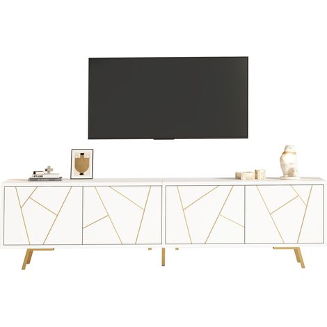 Meuble TV 190 x 40 x 51,5 cm pour salon avec 4 portes et 5 pieds en métal, longueur 190 cm, adapté aux téléviseurs jusqu’à 85 pouces, blanc et doré (1/5)