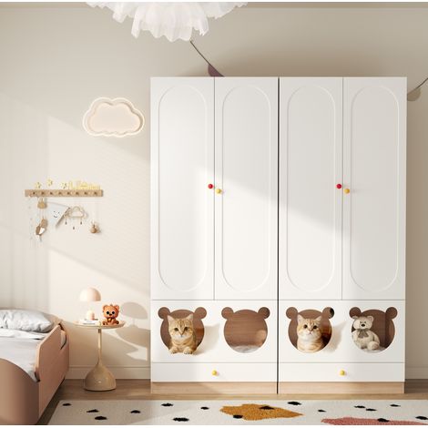 Armoire enfant 160x50x200 cm blanc et naturel en MDF avec penderie et espace pour animal (1/5)