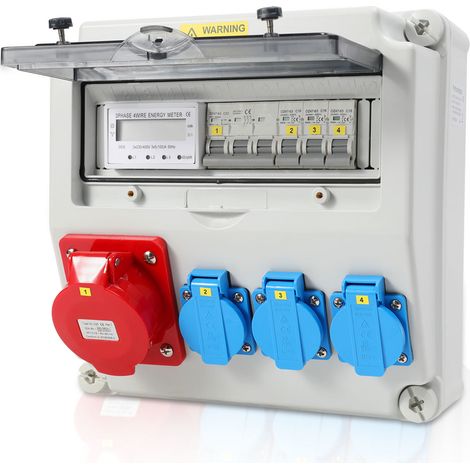 Randaco Wandverteiler mit Stromzähler 3-Phasen und MCB,5 Polig Baustromverteiler mit 3xSchuko-Steckdose und CEE-Steckdose 32A Stromverteiler für Innen und Außen