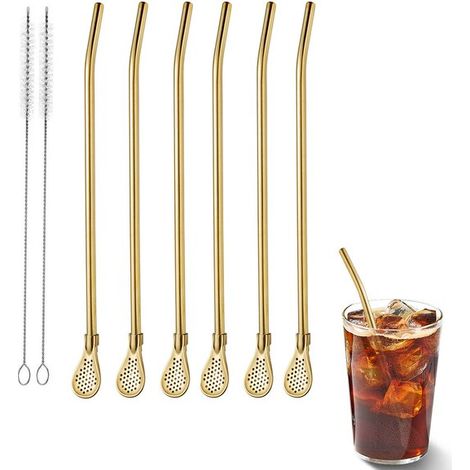5-teiliges Set aus 18,5 cm langem Edelstahllöffel und -strohhalm mit langem Griff, wiederverwendbar, inklusive Reinigungsbürste – Silber, Gold, Roségold, Schwarz, Mehrfarbig (1/5)
