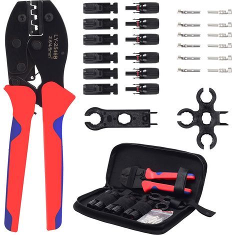 AIDUCHO Lot de 27 pinces à sertir solaires pour panneau solaire 2,5/4,0/6,0 mm² Câble PV mâle, panneau solaire femelle, 1 outil de sertissage, 2 clés, kit d'outils à sertir (1/5)