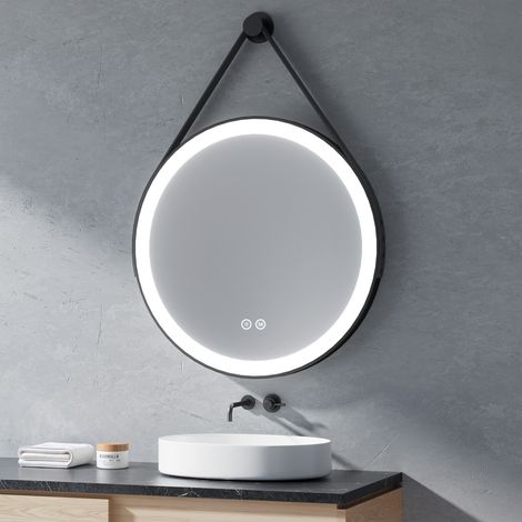 Miroir LED Rond Heilmetz 80 cm pour Salle de Bain – 3 Couleurs de lumière à Variable, Étanche IP44, Commande Tactile, Cadre Métal Noir + Sangle Cuir (1/5)