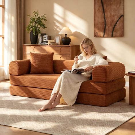Canapé convertible au sol – Canapé-lit – Assise style tatami en velours côtelé pour salons et chambres – Canapé 3 places moelleux 195cm – Idéal pour chambres d'amis et petits espaces (1/5)