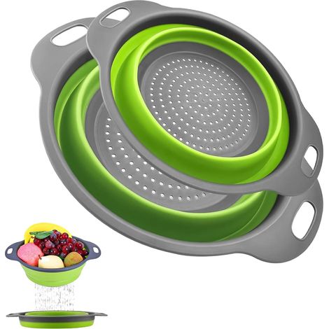 Lot de 2 passoires pliables en silicone - Passoire à pâtes pliable - Passoire de cuisine - Écologique - Non toxique - Facile à nettoyer - Vert (1/5)