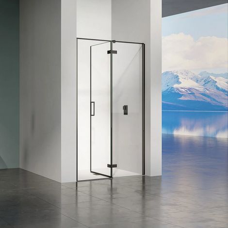 GRAND VERRE Porte de douche ouverture vers la droite avec partie fixe et partie pivotante 90x195 profilés Noir mat (1/5)