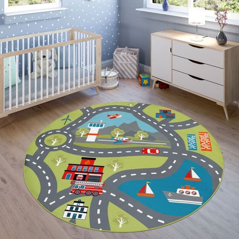 Paco Home Tapis pour enfants, Tapis de jeu pour chambres d'enfants, Avec motif de rue, En vert Vert 160 cm rond (1/4)