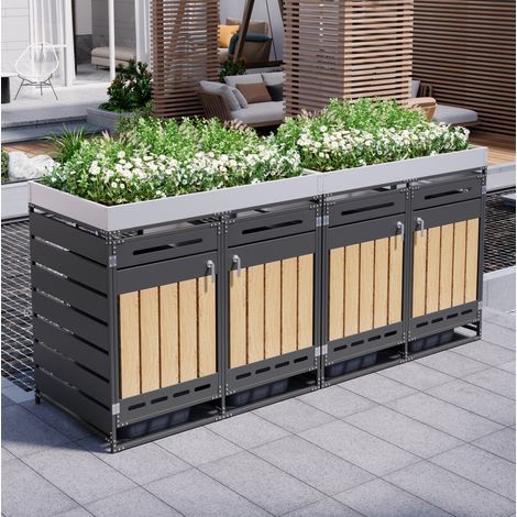 Cobertizo para 4 cubos con jardinera, paneles efecto madera, hierro negro REDOM (1/5)