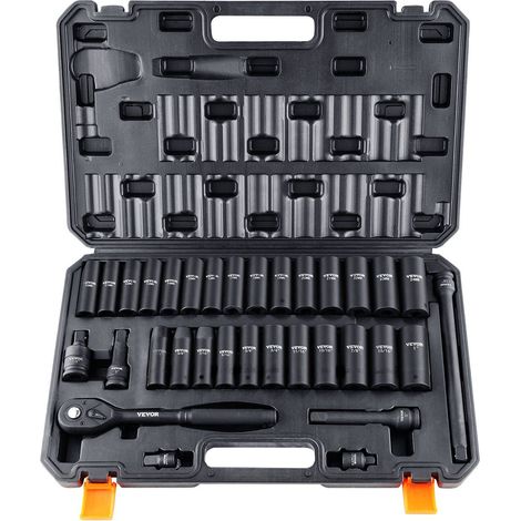 Coffret douilles impact 1/2" 33 pièces SAE 3/8"-1" et métriques 10-24 mm en acier Cr-V, idéal réparation auto, rangement inclus (1/5)