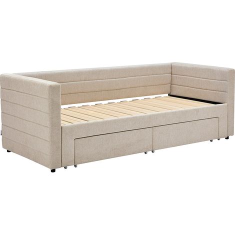 Vente-Unique – Lit escamotable 2 x 80 x 200 cm – Sommier peigne avec 23 lattes – 2 tiroirs de rangement – Tissu texturé beige – Charge max 300 kg (1/4)