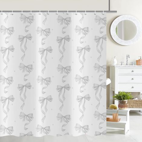 Gris Nœud Rideau de Douche 180x200 cm, Moderne Simple Gris Esthétique Nœud Salle de Bain Décoratif Blanc Imperméable Bain Rideau Textile Lavable Rideaux Douche pour Baignoire avec 12 Crochets (1/5)
